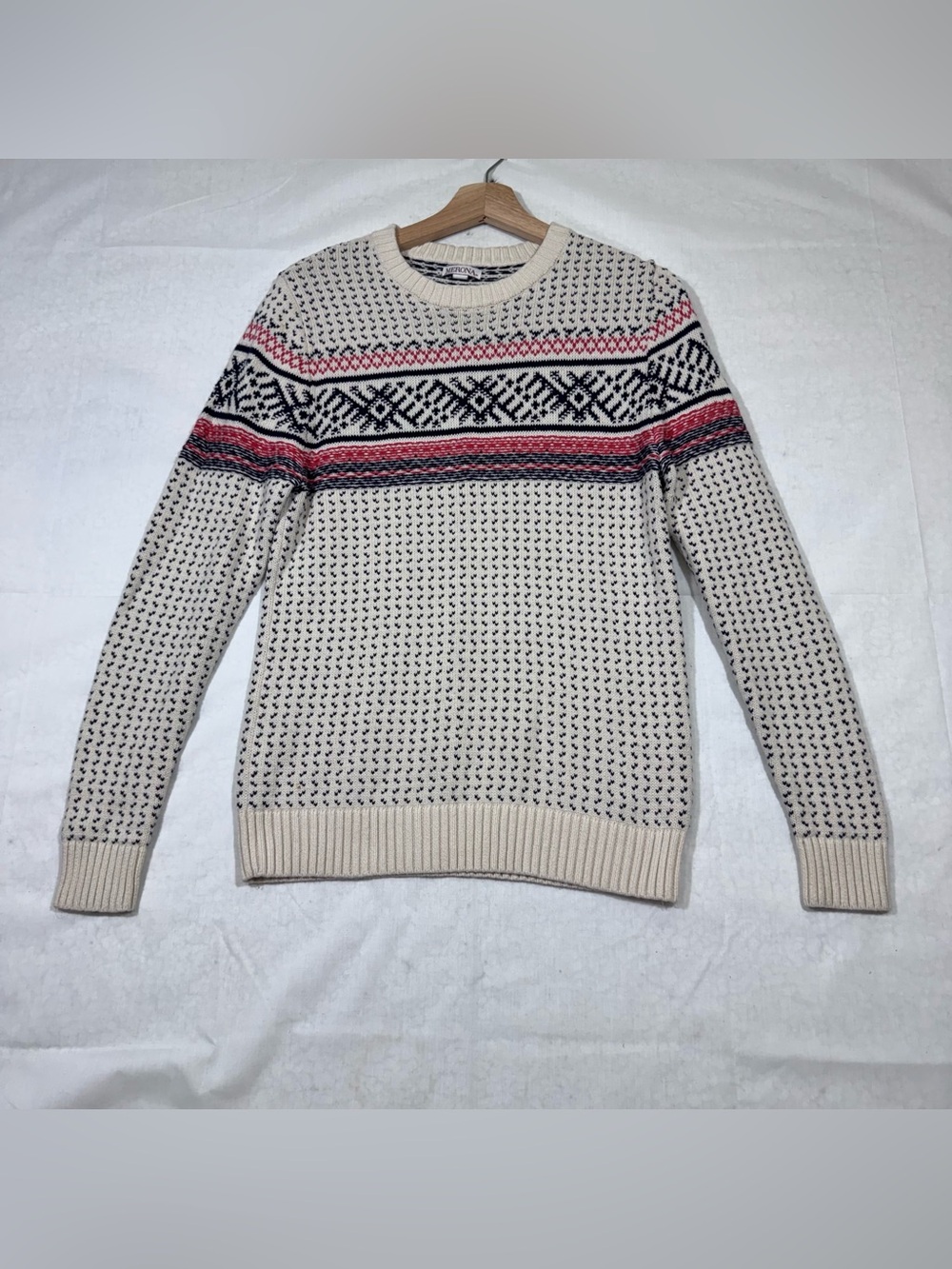 Merona Nordic Fair Isle Knit Sweater S Crewneck Pullover Beige Navy Red Cozy